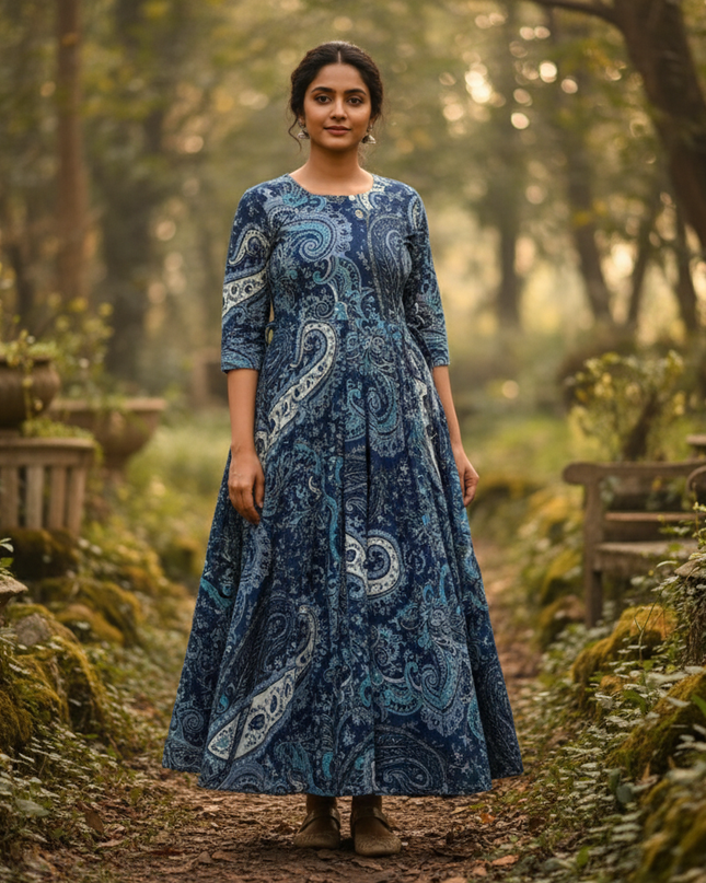 Blue Floral Long Anarkali Frock – Umbrella Flair Design