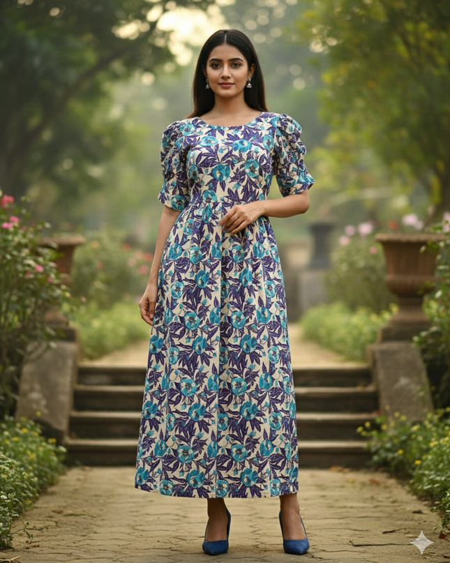 Mul Cotton Frock – Cream Colour, Puff Knot Sleeves, Comfortable & Zero Shrinkage