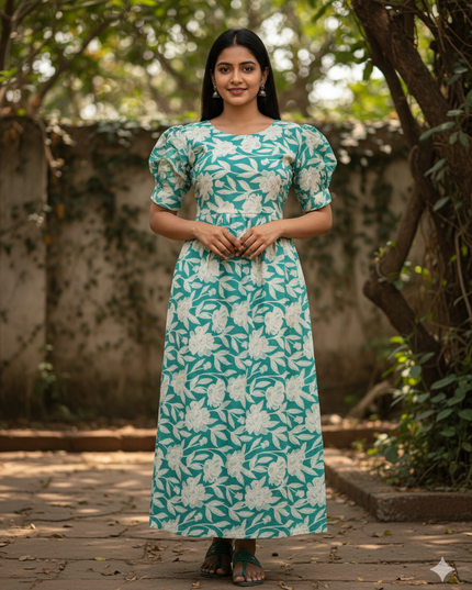 Premium Mul Cotton Frock Sky Blue – Puff Sleeve Design with Knots, Zero Shrinkage