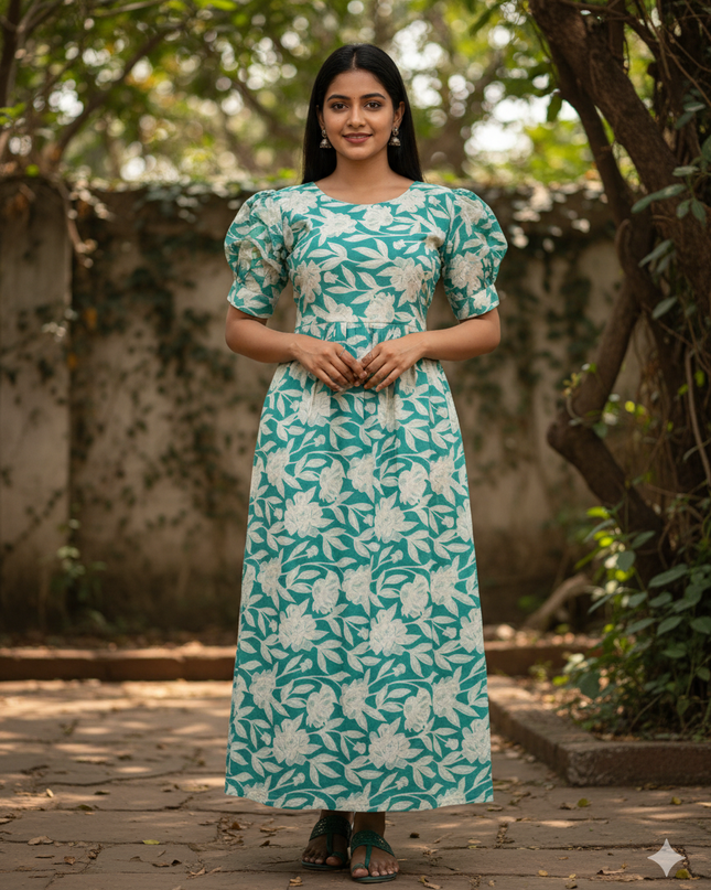 Premium Mul Cotton Frock Sky Blue – Puff Sleeve Design with Knots, Zero Shrinkage