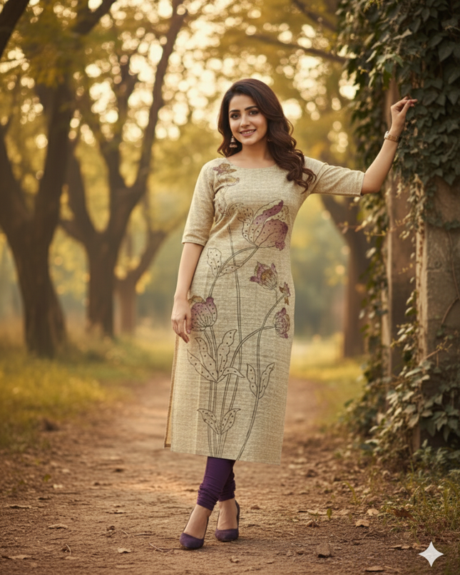 Premium Straight Cut Kurti – Wheat Colour with Beautiful Floral Print