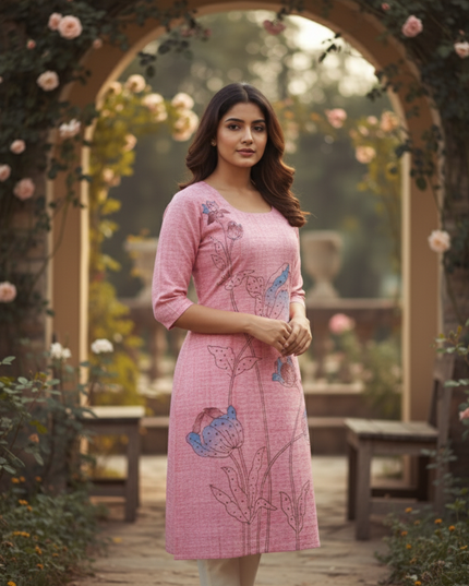 Premium Straight Cut Kurti – Pink Colour with Beautiful Floral Print