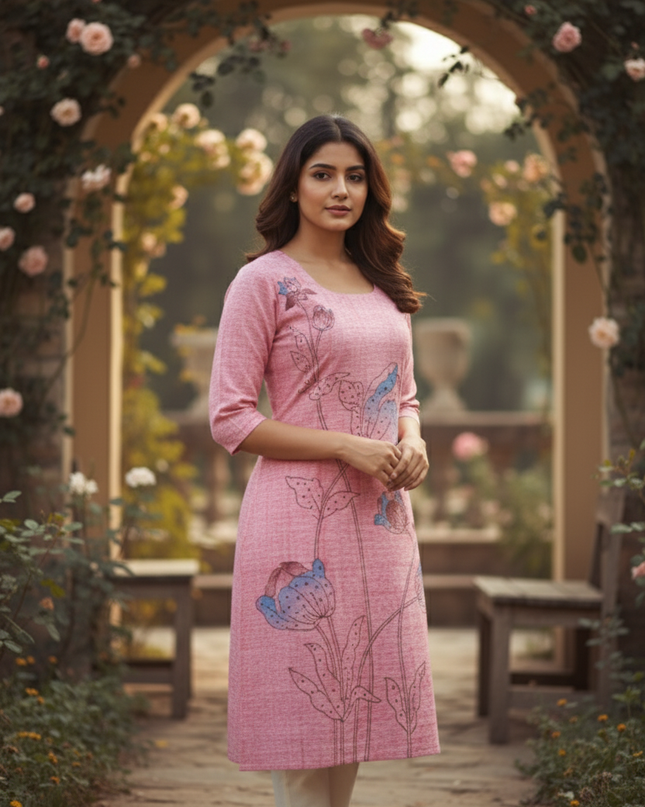 Premium Straight Cut Kurti – Pink Colour with Beautiful Floral Print
