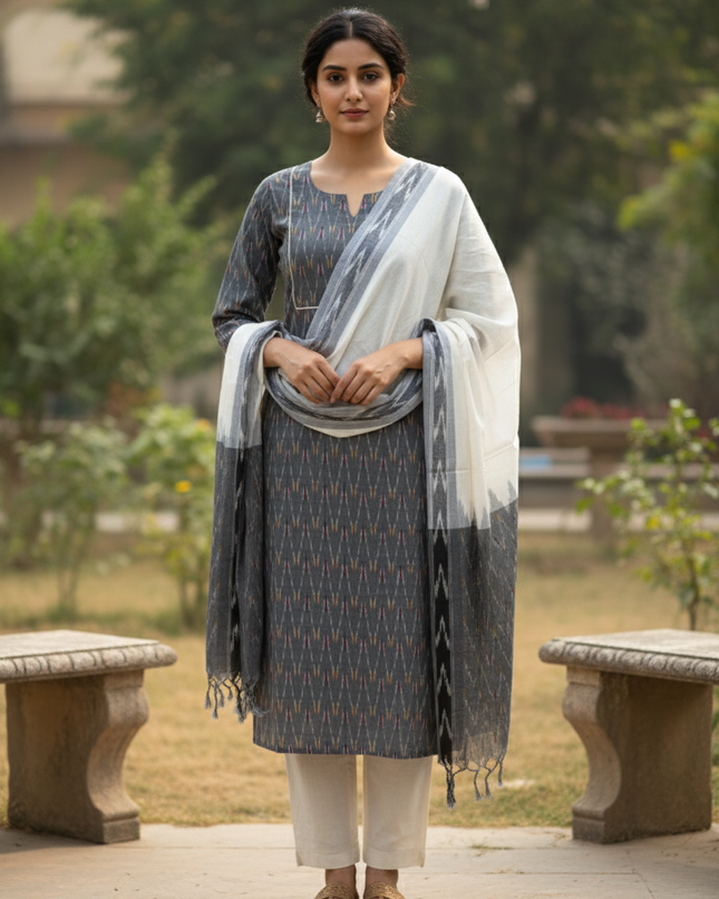Premium Ikkat 3 Piece Stitched Set – Ready to Wear Kurta, Bottom & Dupatta – Gray colour Handloom Ethnic Wear