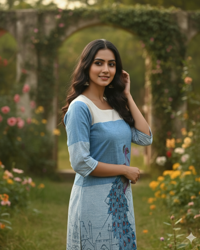 Peacock Design Straight Cut Kurti Sky Blue with Full Length Lining