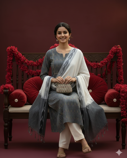 Premium Ikkat 3 Piece Stitched Set – Ready to Wear Kurta, Bottom & Dupatta – Gray colour Handloom Ethnic Wear