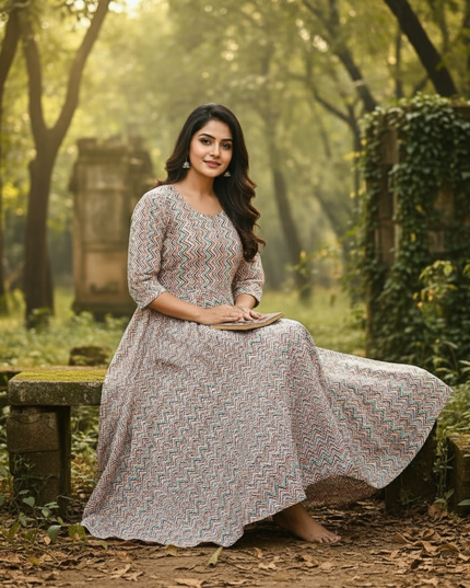 Cream Multi Colour Long Anarkali Frock – Umbrella Flair Design