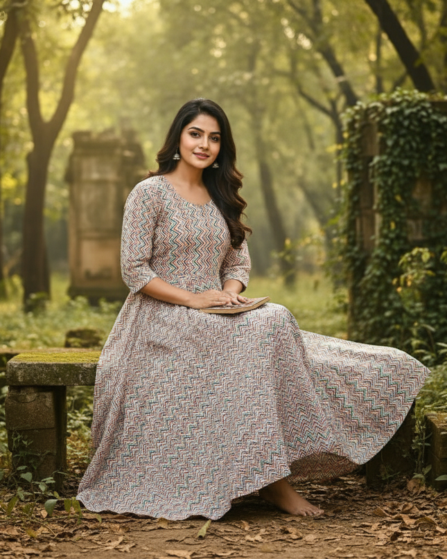 Cream Multi Colour Long Anarkali Frock – Umbrella Flair Design