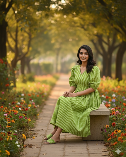 Premium Mul Cotton Frock Parrot Green – Puff Sleeve Design with Knots, Zero Shrinkage