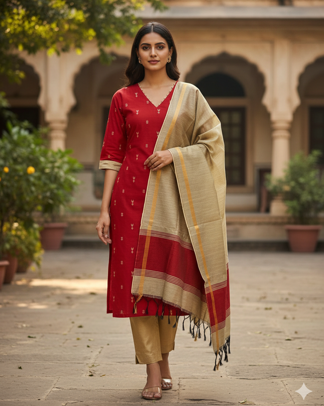 Raw Silk 3pc KurtiSet With Red Colour Full Length Lining | Gold Dupatta