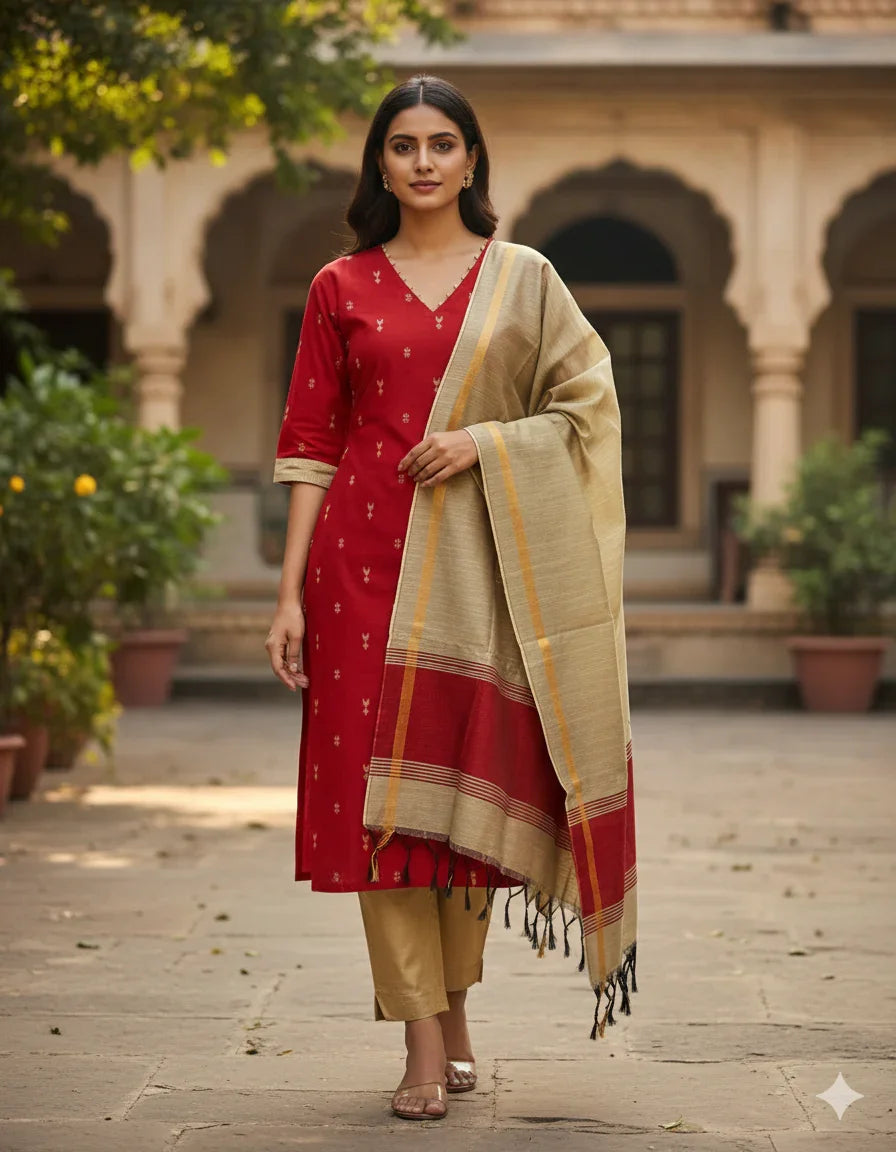Raw Silk 3pc KurtiSet With Red Colour Full Length Lining | Gold Dupatta