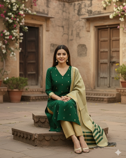 Raw Silk 3pc KurtiSet With Green Colour Full Length Lining | Gold Dupatta
