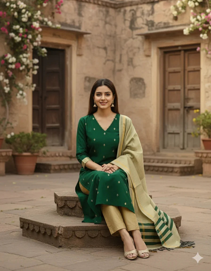 Raw Silk 3pc KurtiSet With Green Colour Full Length Lining | Gold Dupatta