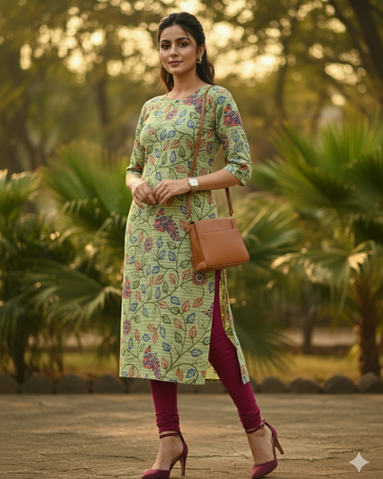 Premium Cotton Straight Cut Kurti – Green Floral Print Design for Women