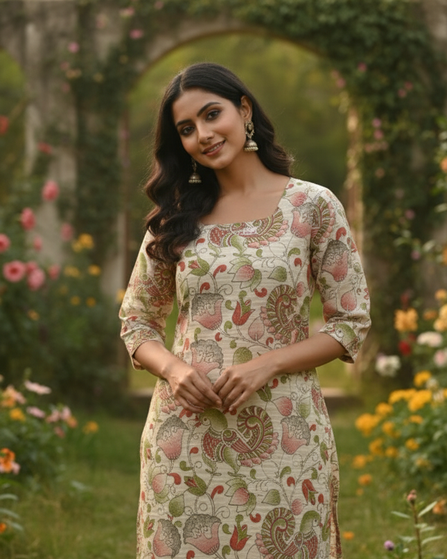 Premium Cotton Straight Cut Kurti Biscuit – Elegant Floral Print Design