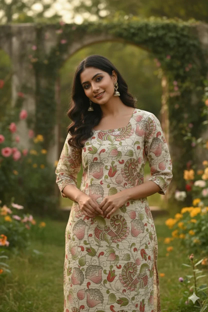 Premium Cotton Straight Cut Kurti Biscuit – Elegant Floral Print Design