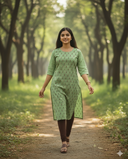 Premium Straight Cut Kurti – Leaf Green Colour with Beautiful Floral Print