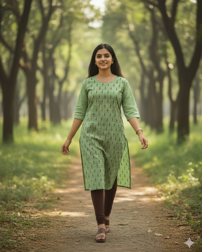 Premium Straight Cut Kurti – Leaf Green Colour with Beautiful Floral Print