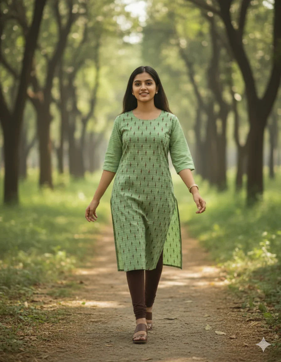 Premium Straight Cut Kurti – Leaf Green Colour with Beautiful Floral Print