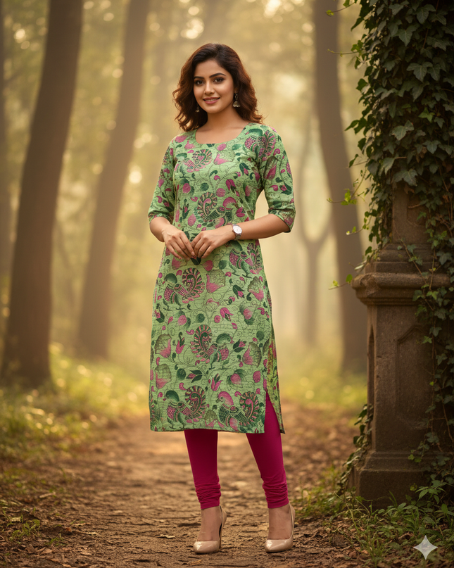 Premium Straight Cut Kurti – Green Colour with Beautiful Floral Print