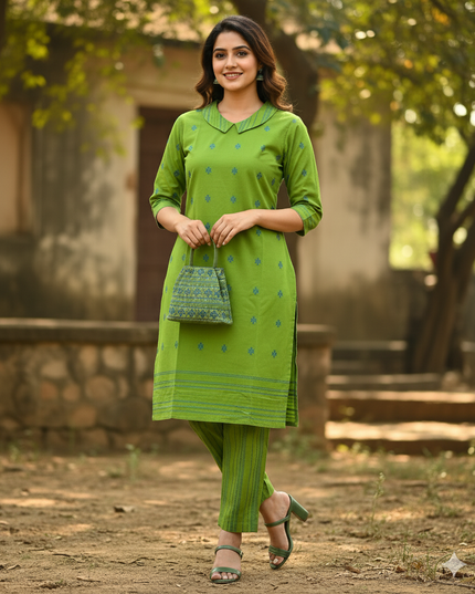 Premium Cotton Wooven Co-ord Set with Green Colour
