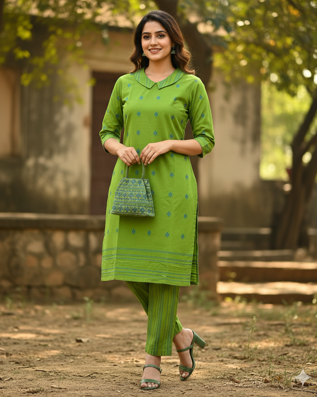 Premium Cotton Wooven Co-ord Set with Green Colour