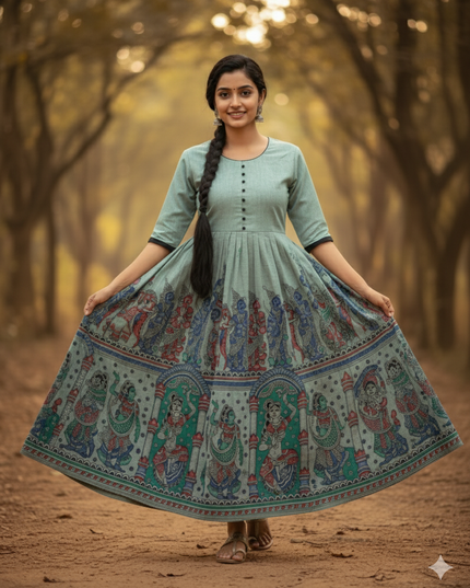 Ramayanam Cotton Frock Pastel Sage Green – Premium Ethnic Wear for Women & Girls
