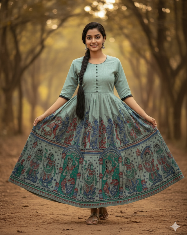 Ramayanam Cotton Frock Pastel Sage Green – Premium Ethnic Wear for Women & Girls
