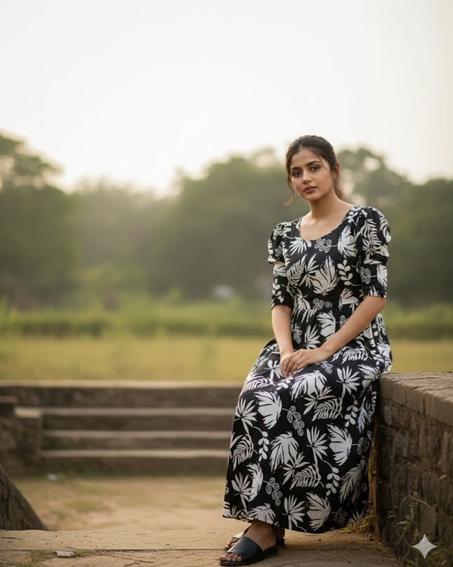 Premium Mul Cotton Frock Black – Puff Sleeve Design with Knots, Zero Shrinkage