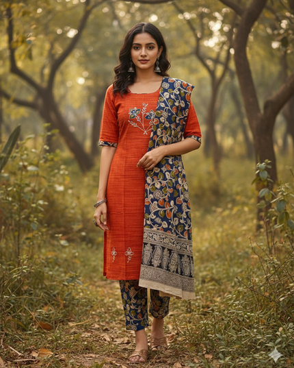 Kalamkari 3pc Set with Embroidery & Mirror Work Orange