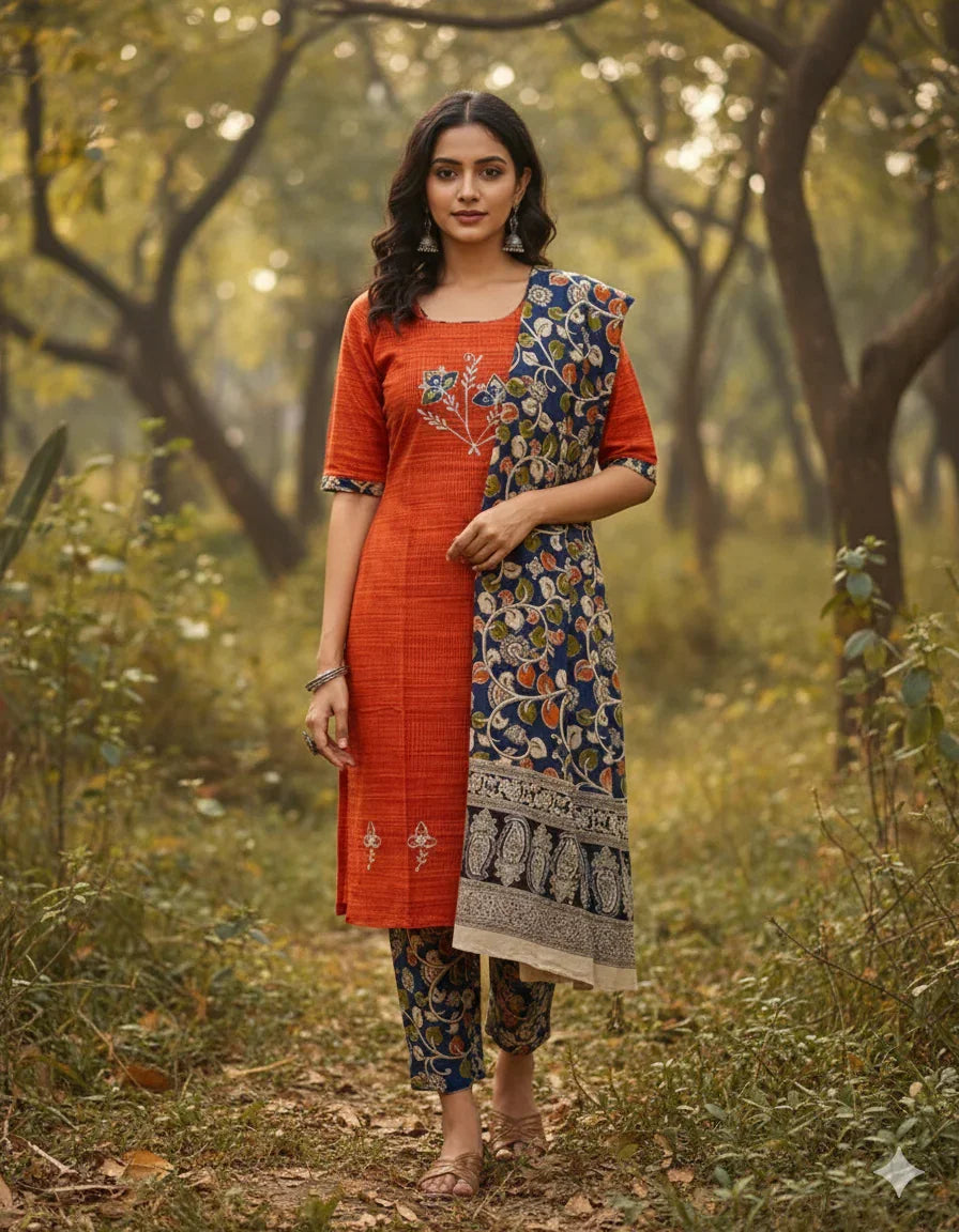 Kalamkari 3pc Set with Embroidery & Mirror Work Orange
