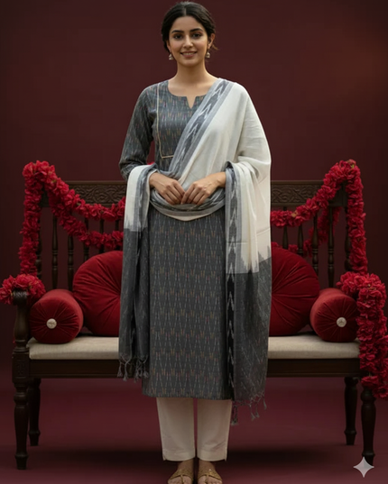 Premium Ikkat 3 Piece Stitched Set – Ready to Wear Kurta, Bottom & Dupatta – Gray colour Handloom Ethnic Wear