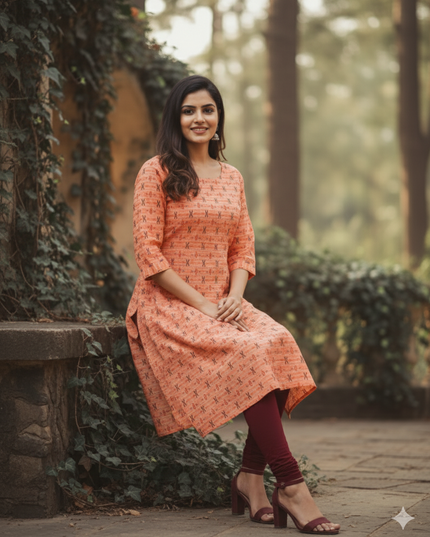 Premium Cotton Straight Cut Kurti – Orange Floral Print Design for Women