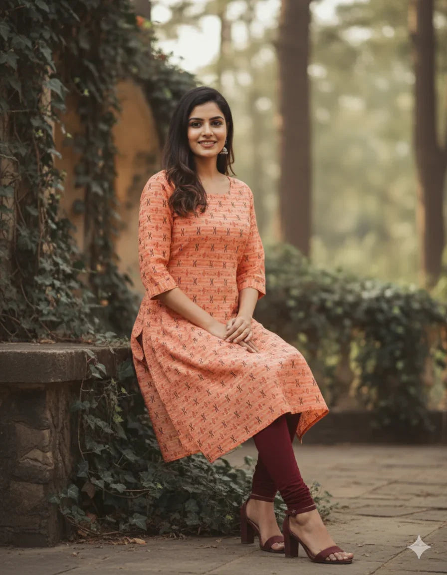 Premium Cotton Straight Cut Kurti – Orange Floral Print Design for Women