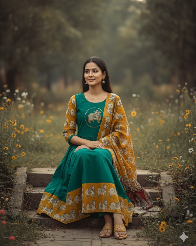 Premium 2-Piece Frock Set Emerald Green Colour – Bhavana Originals Exclusive