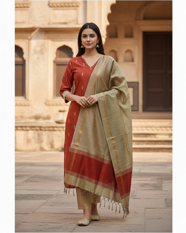 Raw Silk 3pc KurtiSet With Brick Colour Full Length Lining | Gold Dupatta