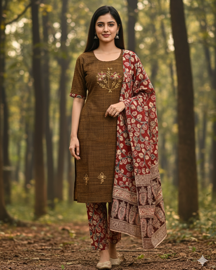 Kalamkari 3pc Set with Embroidery & Mirror Work Dark Brown