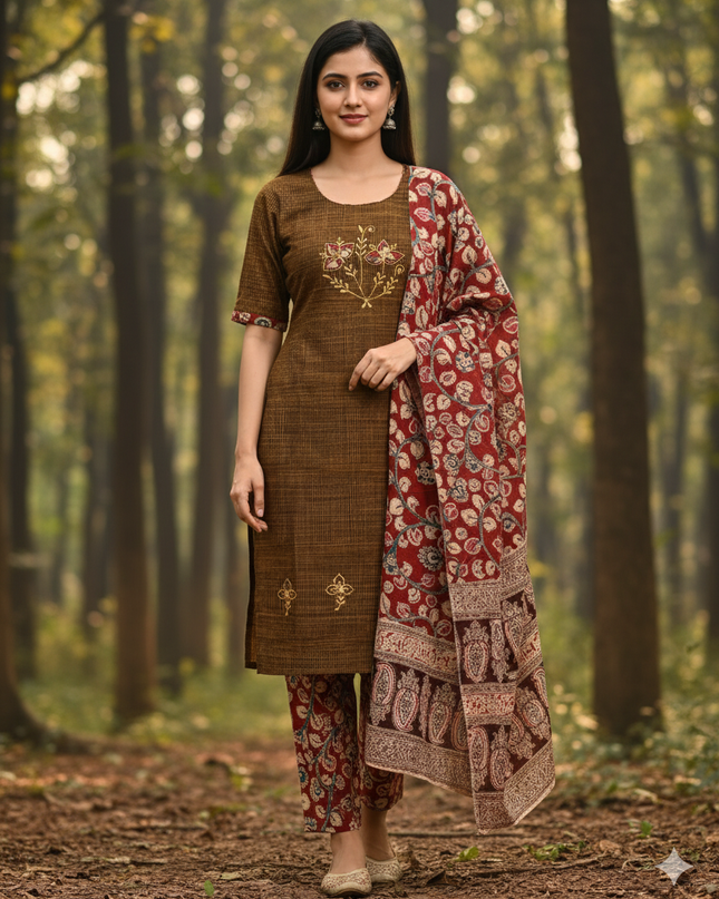 Kalamkari 3pc Set with Embroidery & Mirror Work Dark Brown