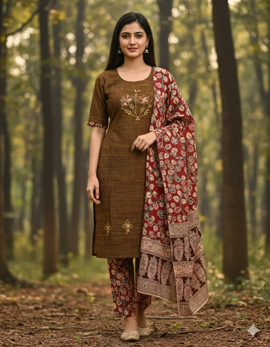 Kalamkari 3pc Set with Embroidery & Mirror Work Dark Brown
