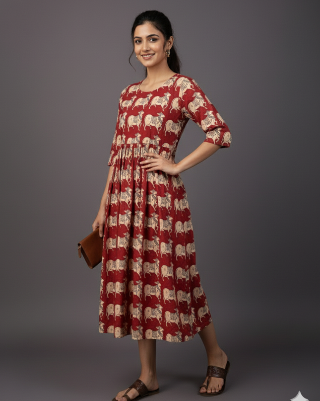 Kalamkari Pichwai Cow Design Frock – Red Colour | Handloom Ethnic Wear with Half Lining
