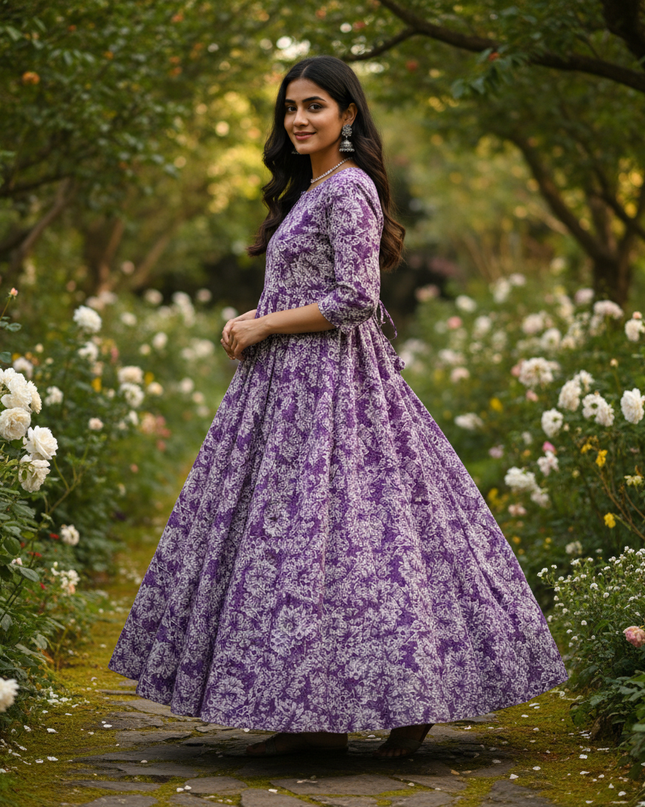 Lavender Floral Long Anarkali Frock – Umbrella Flair Design