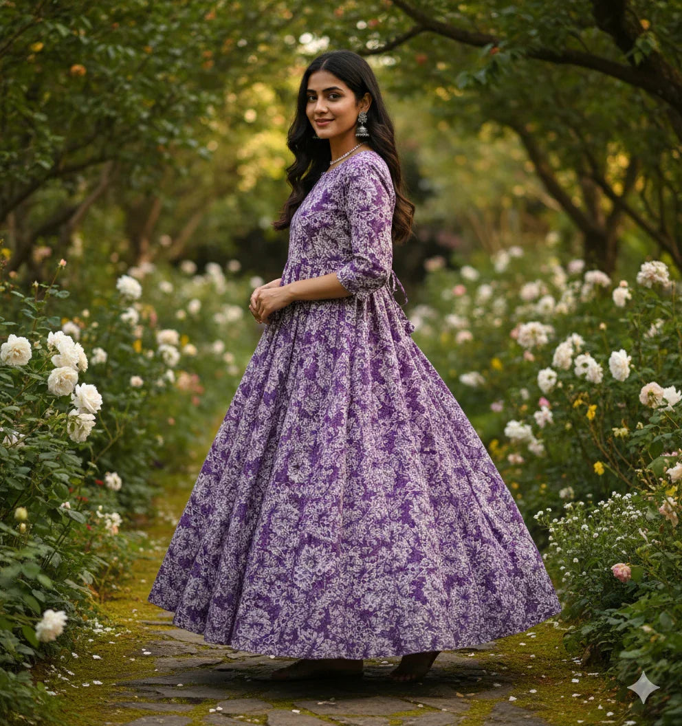 Lavender Floral Long Anarkali Frock – Umbrella Flair Design