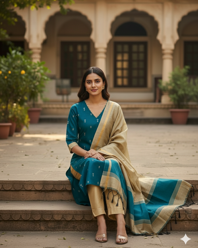 Raw Silk 3pc KurtiSet With Sea Blue Colour Full Length Lining | Gold Dupatta