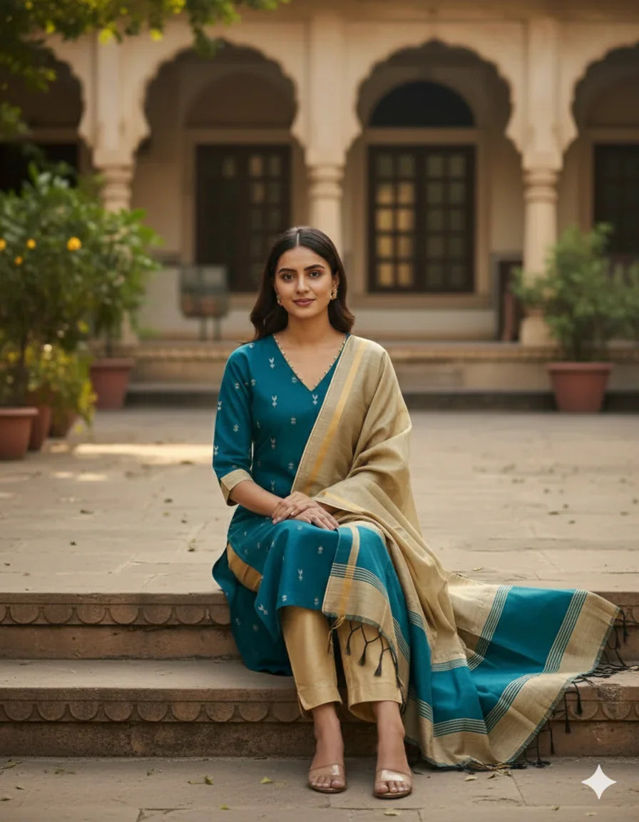 Raw Silk 3pc KurtiSet With Sea Blue Colour Full Length Lining | Gold Dupatta