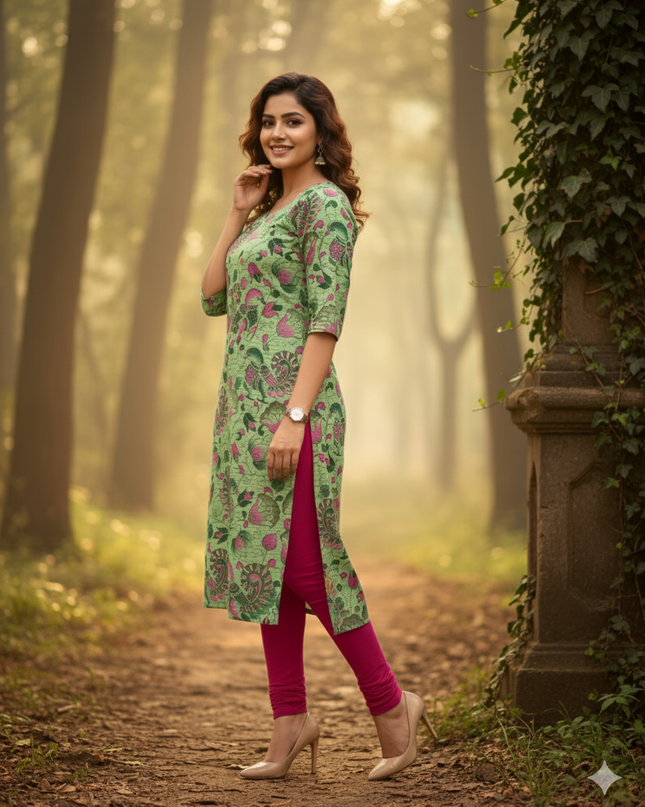 Premium Straight Cut Kurti – Green Colour with Beautiful Floral Print