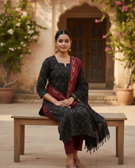 Premium Ikkat 3 Piece Stitched Set – Ready to Wear Kurta, Bottom & Dupatta – Black Colour Handloom Ethnic Wear