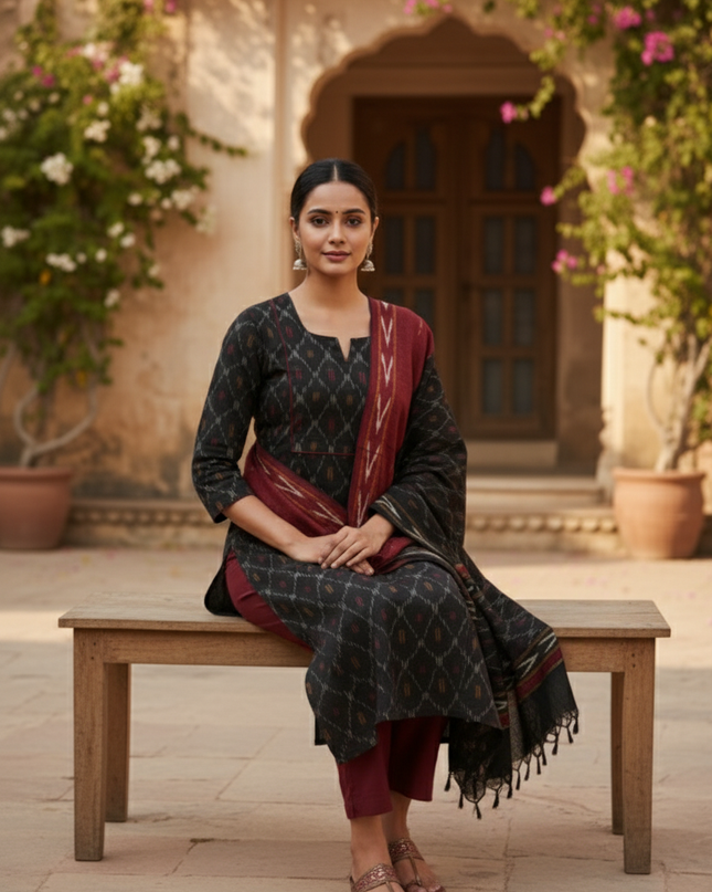Premium Ikkat 3 Piece Stitched Set – Ready to Wear Kurta, Bottom & Dupatta – Black Colour Handloom Ethnic Wear