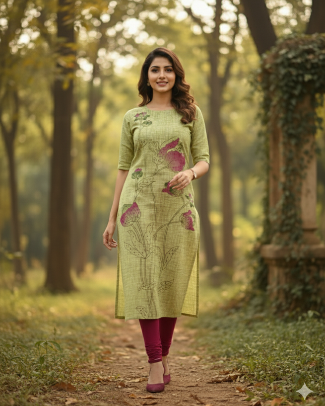 Premium Straight Cut Kurti – Pesara Green Colour with Beautiful Floral Print
