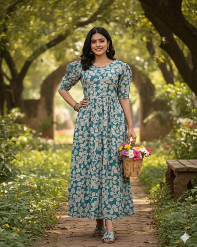 Premium Mul Cotton Frock Sky Blue – Puff Sleeve Design with Knots, Zero Shrinkage