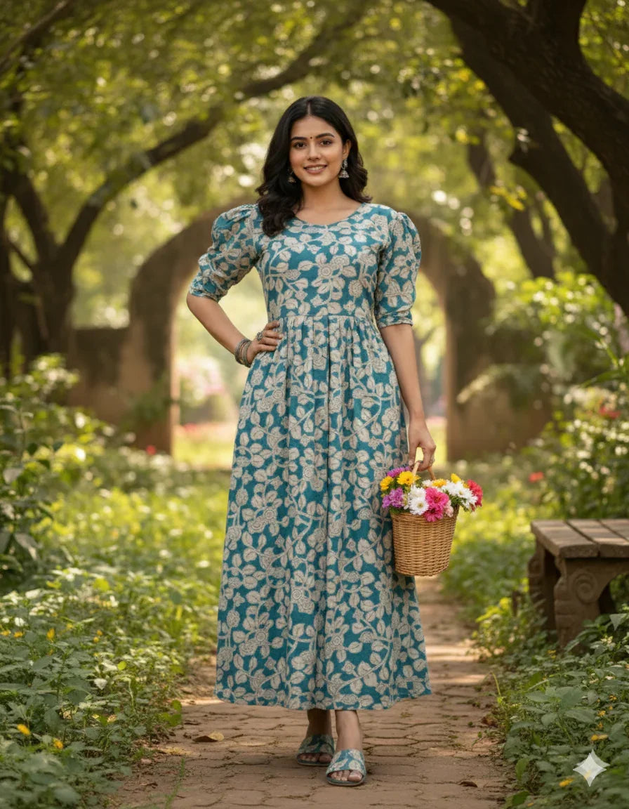 Premium Mul Cotton Frock Sky Blue – Puff Sleeve Design with Knots, Zero Shrinkage